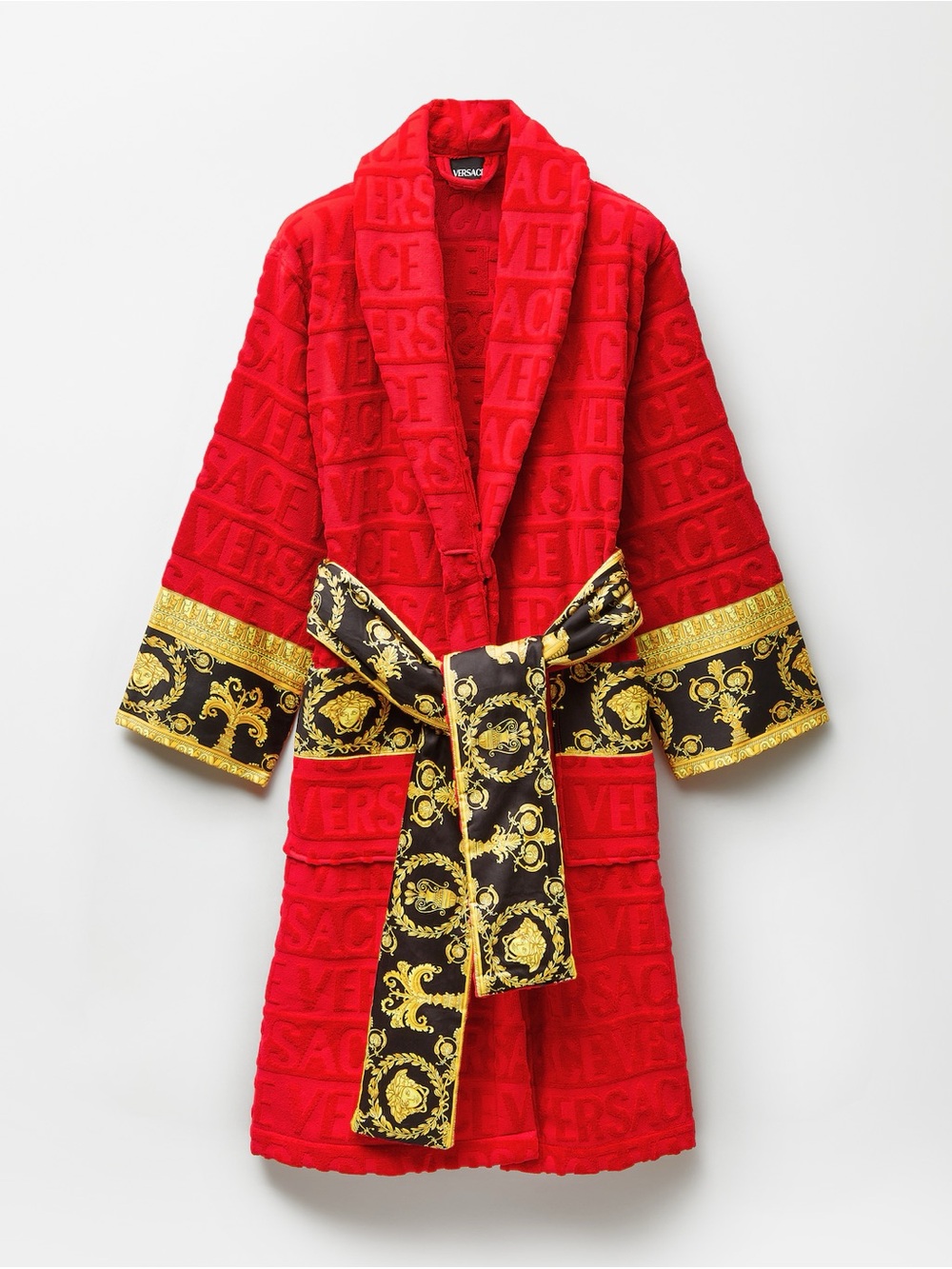 NWT Versace Red Jacquard Robe with Black & Gold Baroque Belt Size Large